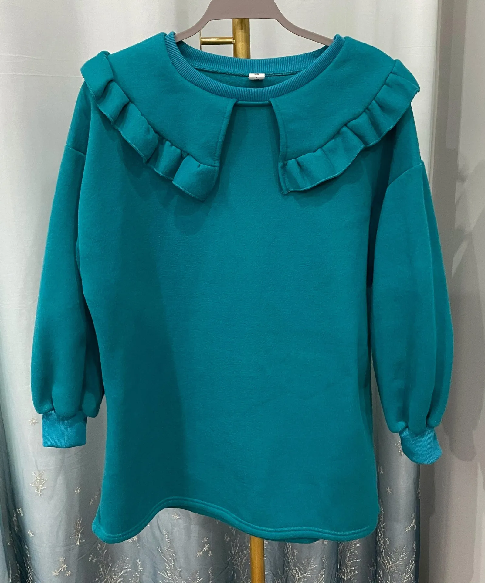 Korean Style Turquoise Ruffle Sweater Blue - Image 2