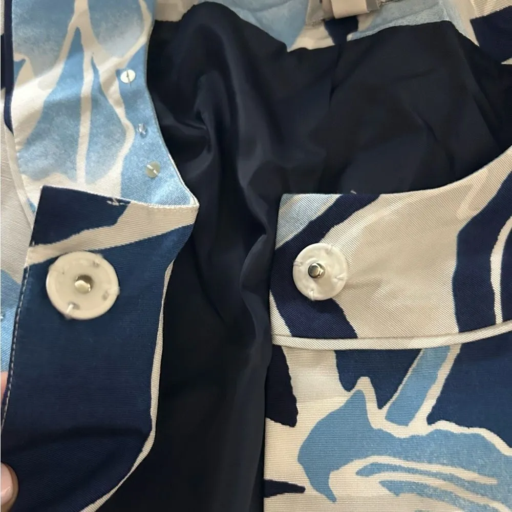 Chico's Ice Garden Frannie Ink White Blue Silk Cotton Sequin Blazer Size L 12 - Image 4