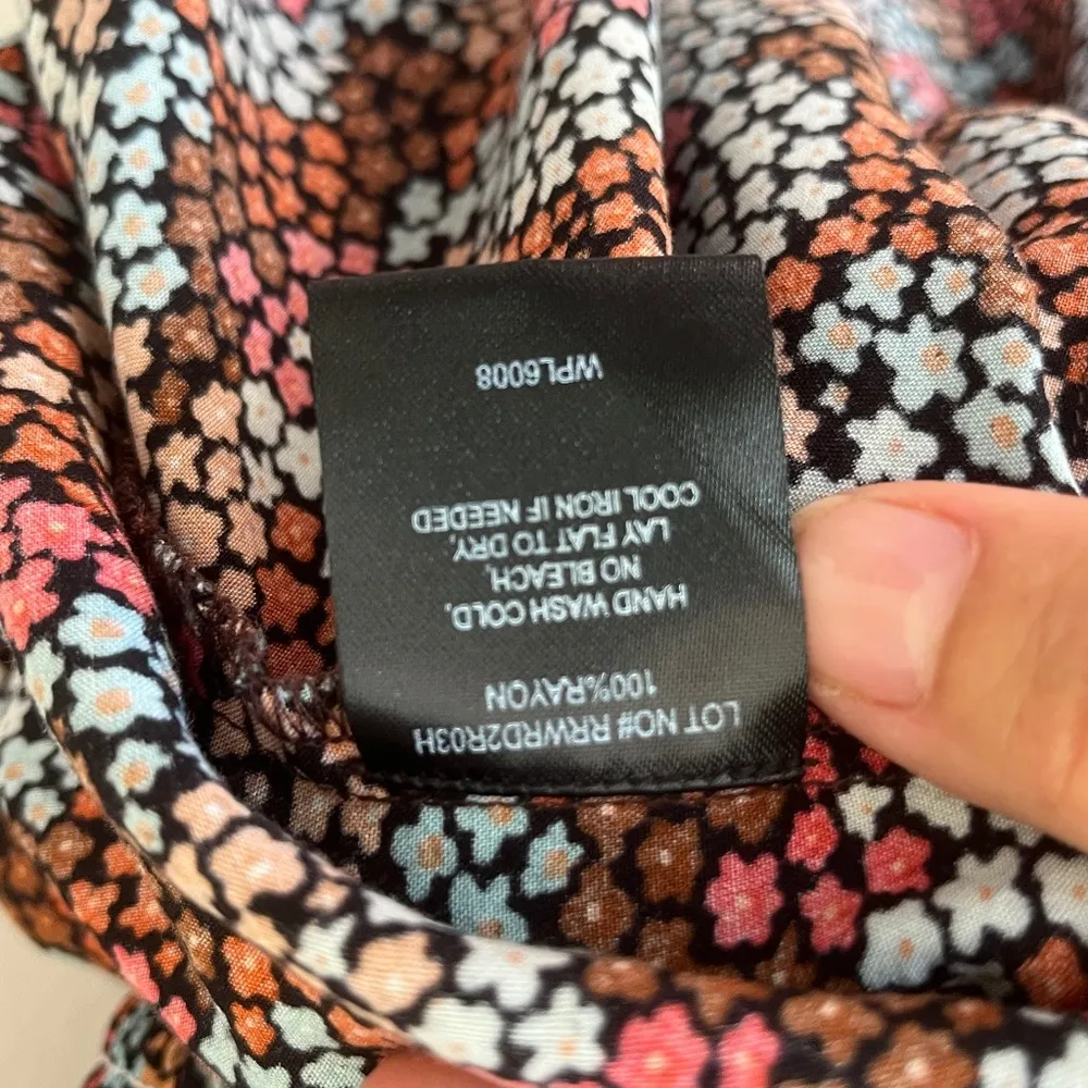 Rock n Roll Sz L Ditsy Floral Print Flowy Mini Dress Rust Copper Smocked Waist - Image 10