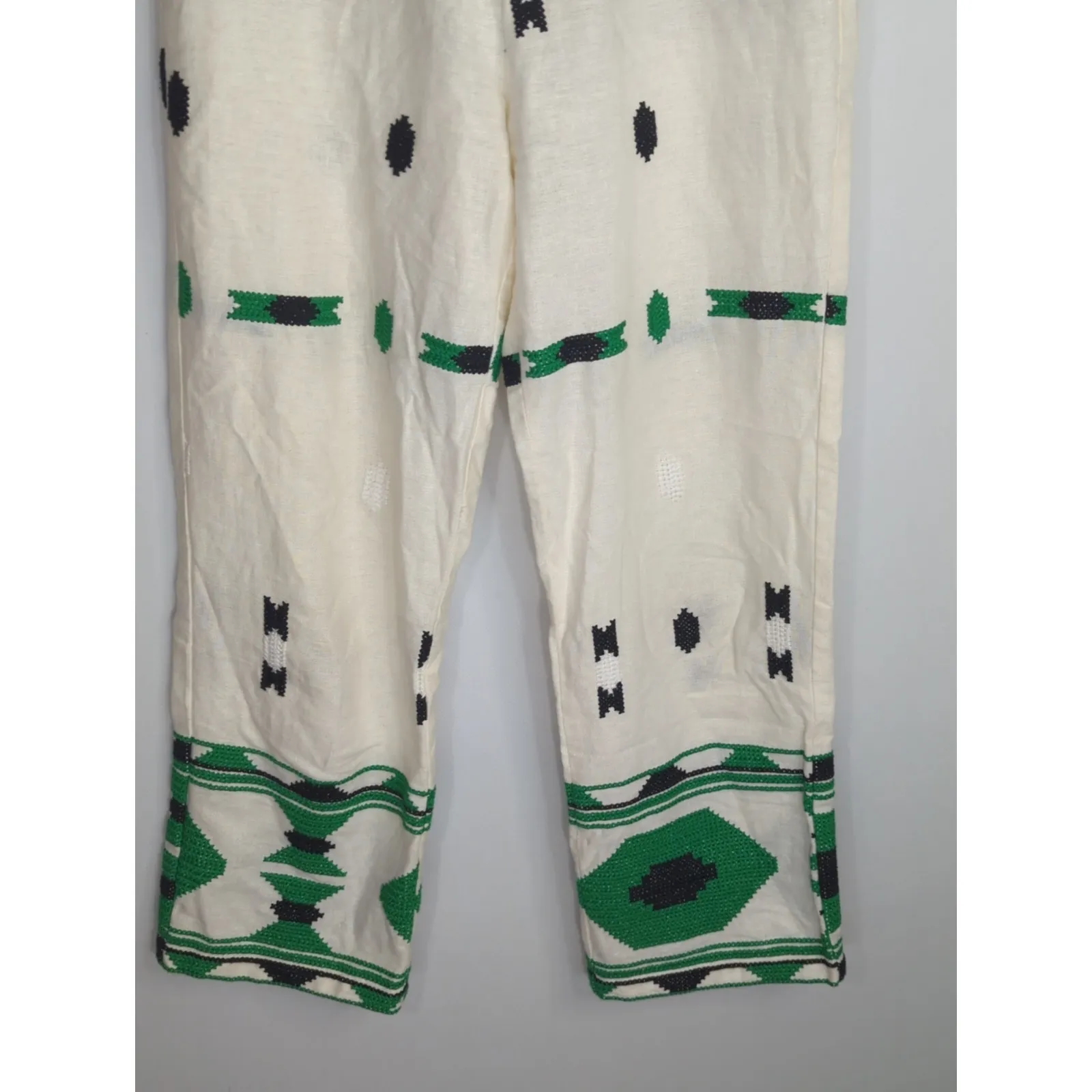 Zara White & Green Geometric Embroidered Linen Pants Small Coastal Bohemian - Image 4