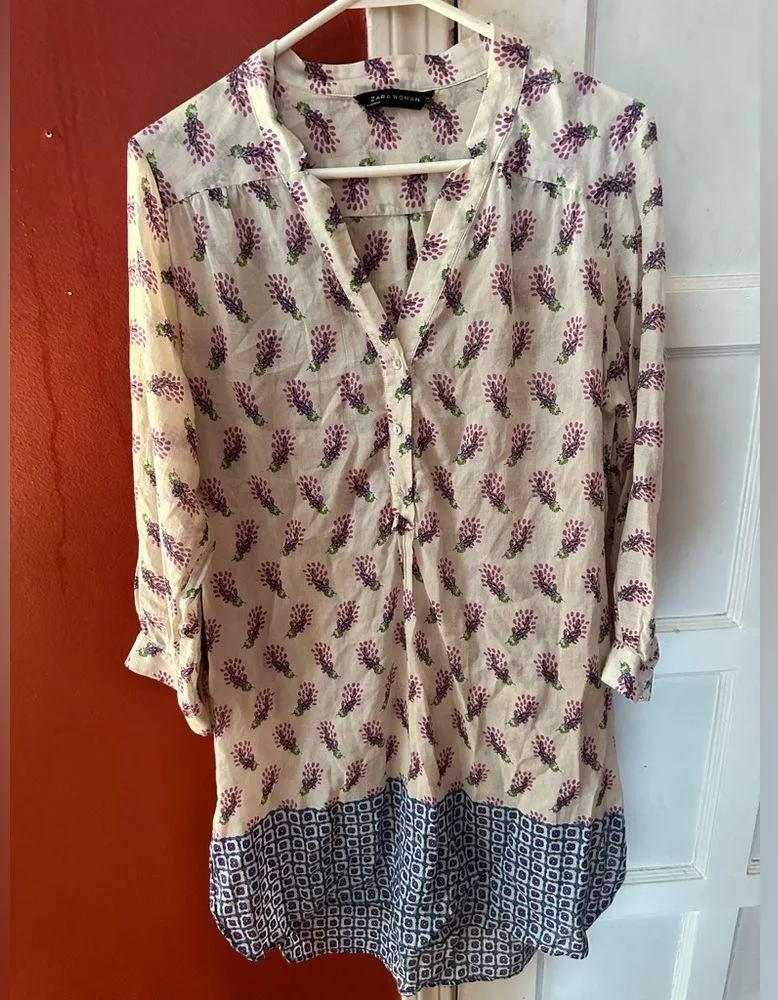 Zara Woman Cream & Purple Floral Geometric Silk Blend High Low Shirt Dress - Image 6