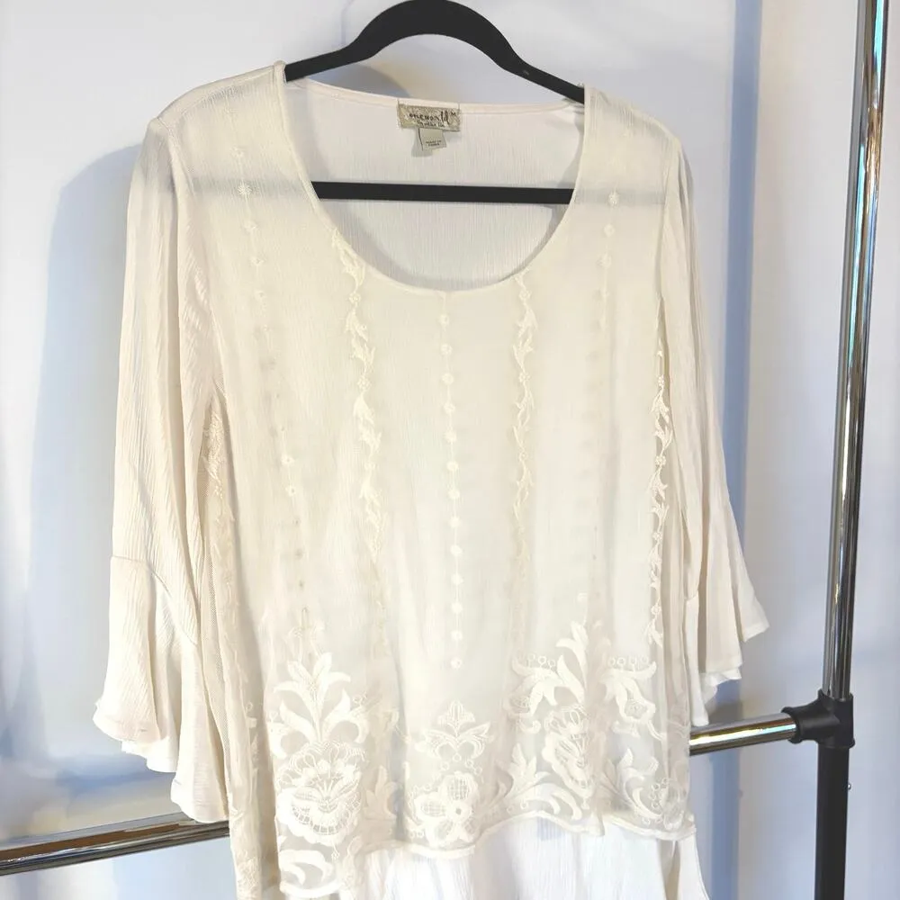 One World Boho Cream Lace Angelcore Fairy Airy Spring Flowy Tunic Blouse Medium - Image 2