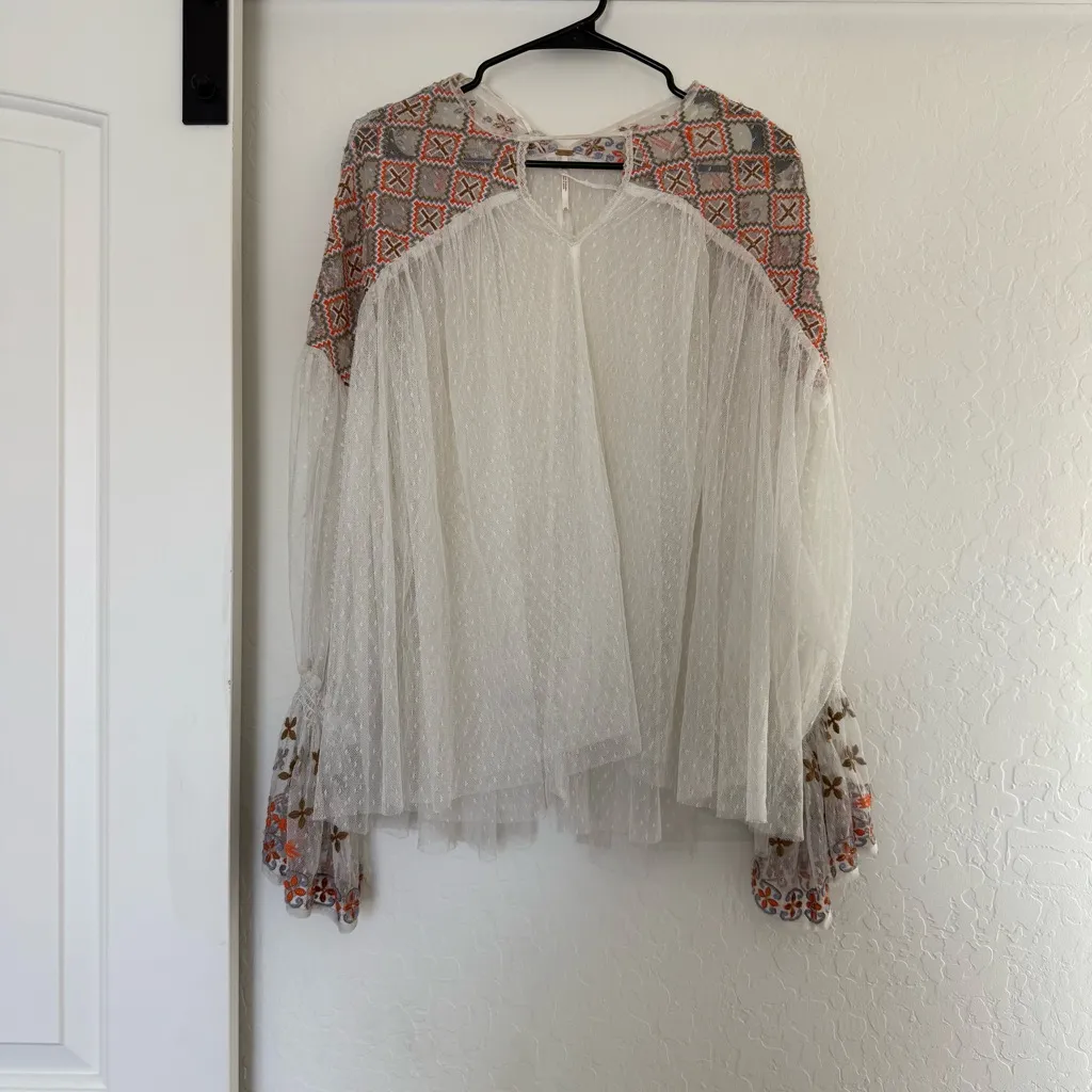 Free People Joyride Mesh Tulle Embroidered Sheer Blouse Bobo Fairy Festival XS - Image 2