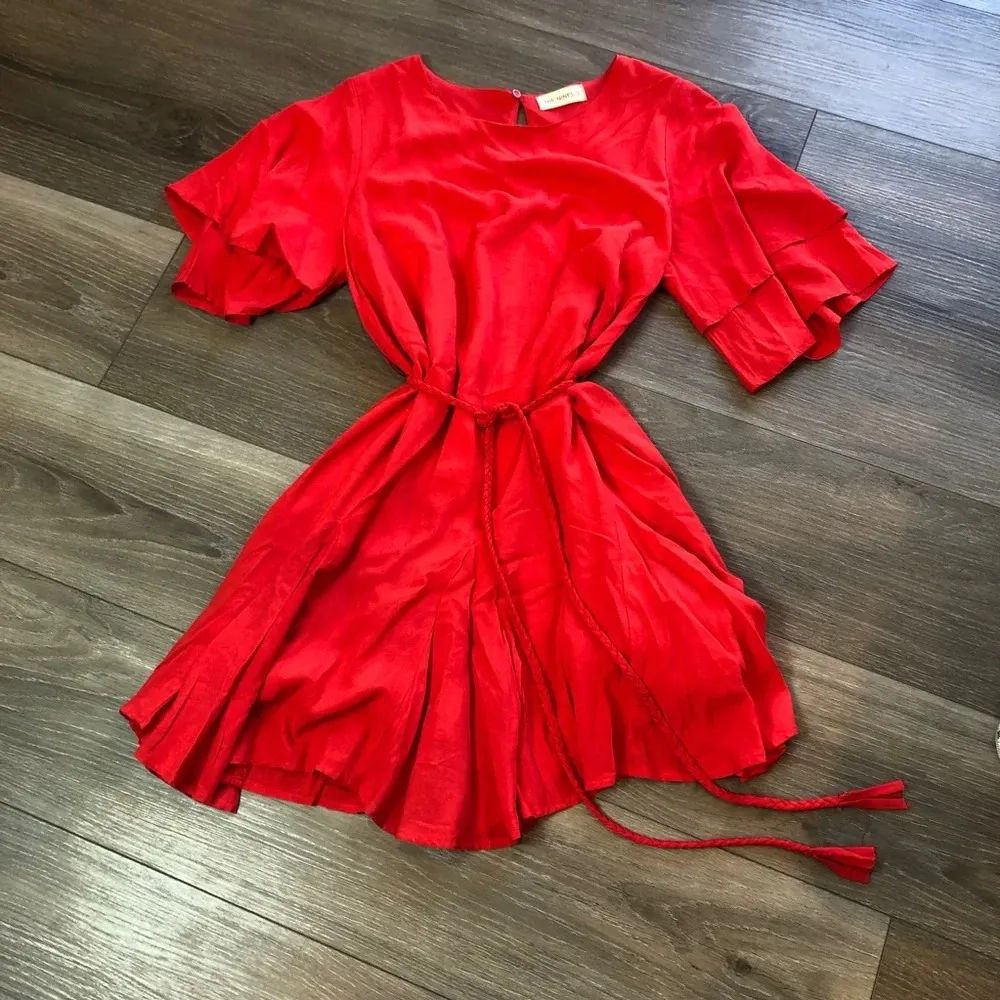 The Nines Red Flowy Mini Dress Tie Waist Bell Sleeves Womens Size Large - Image 11