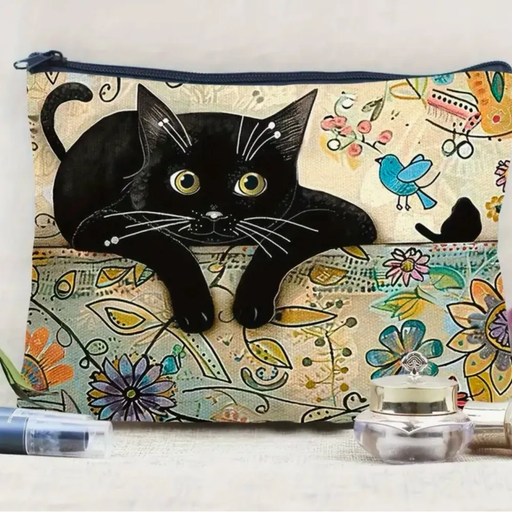 Whimsical Chic Cat Canvas Makeup Bag Spacious Pouch Black - Image 3