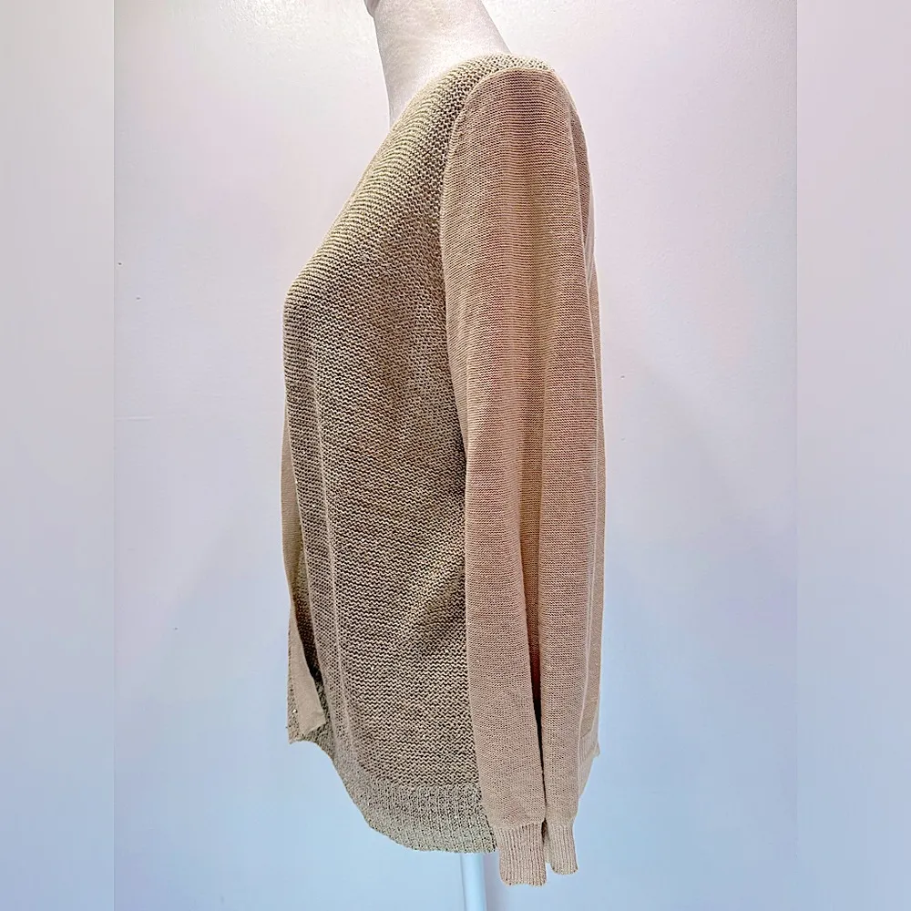 Loft Beige Linen Cotton Blend Mixed Knit Open Front Cardigan with Sequins Small - Image 3
