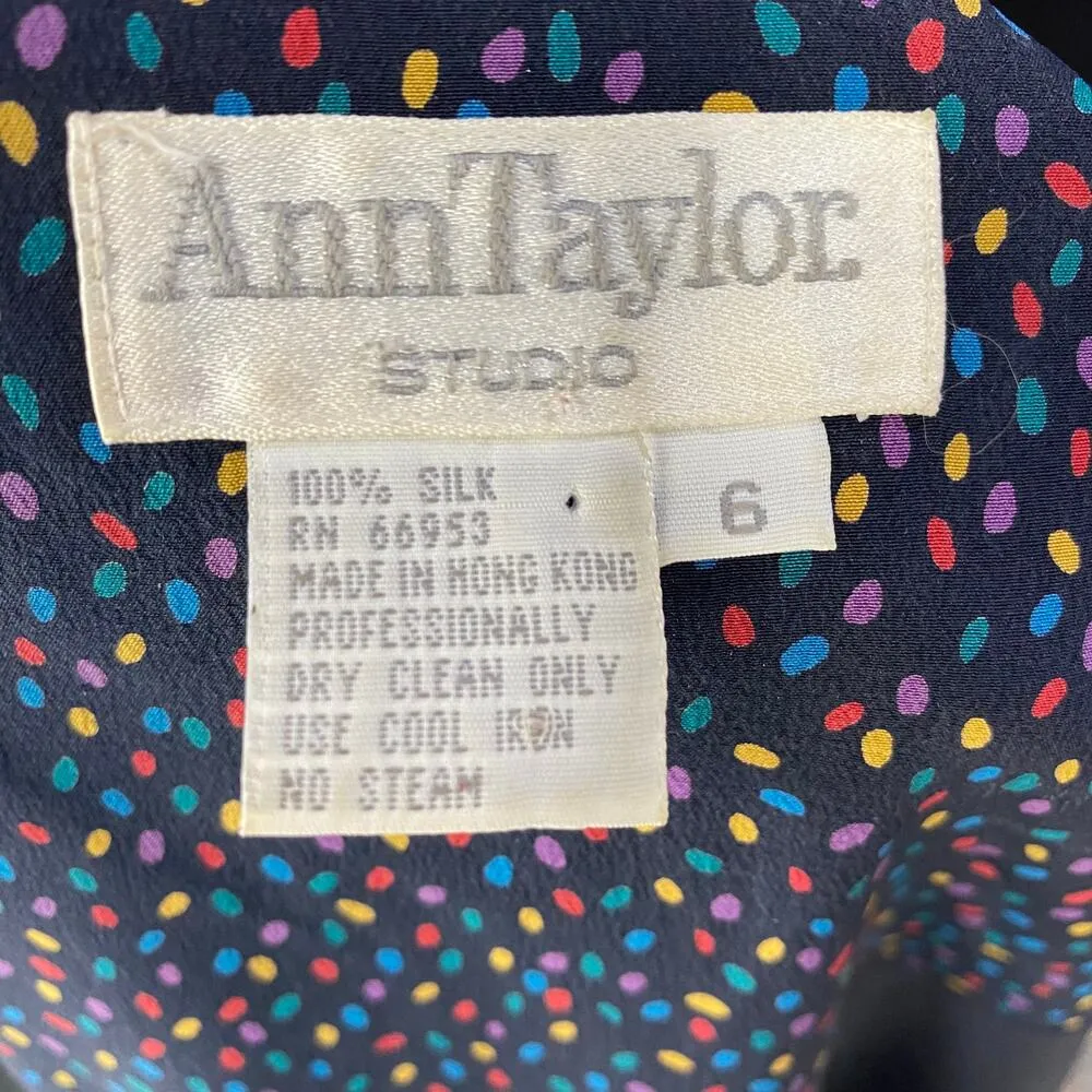 Vintage 80s Silk 2 Skirt Set 2 Piece Polka Dot Blouse/Jacket & Skirt Navy Blue 6 Size 4 - Image 11