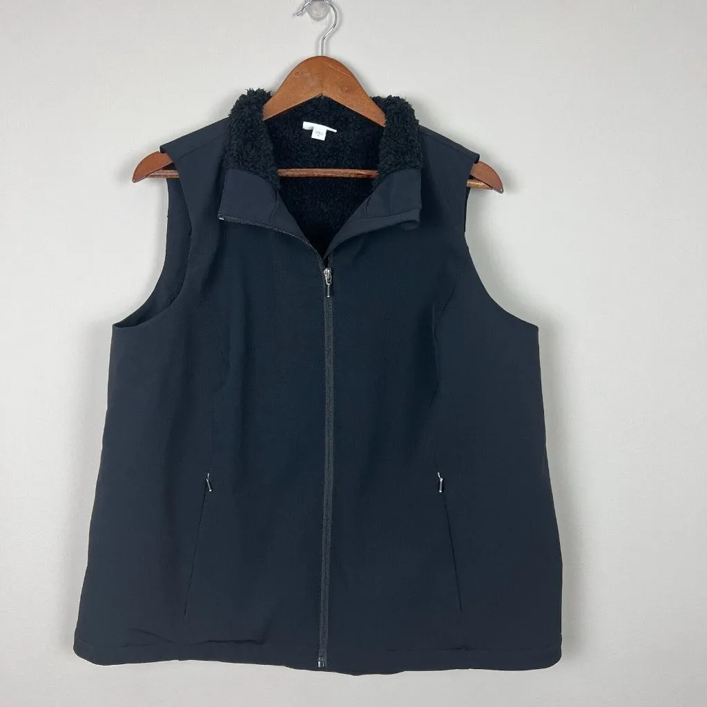 J Jill Fit Vest Women XL Black Faux Fur Sherpa Lined Full Zip Sleeveless Pockets - Image 2