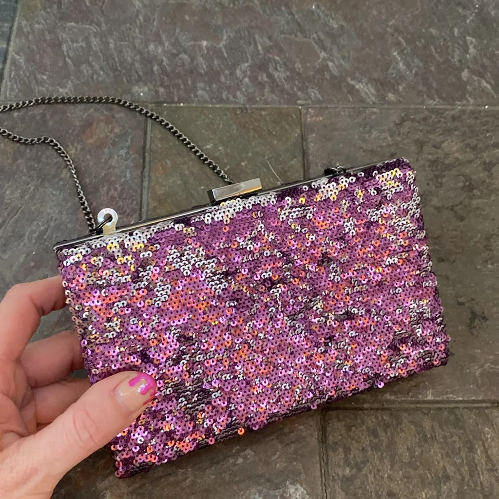 Kimchi Blue Purple Silver Sequin Box Clutch with Chain Strap - Image 2