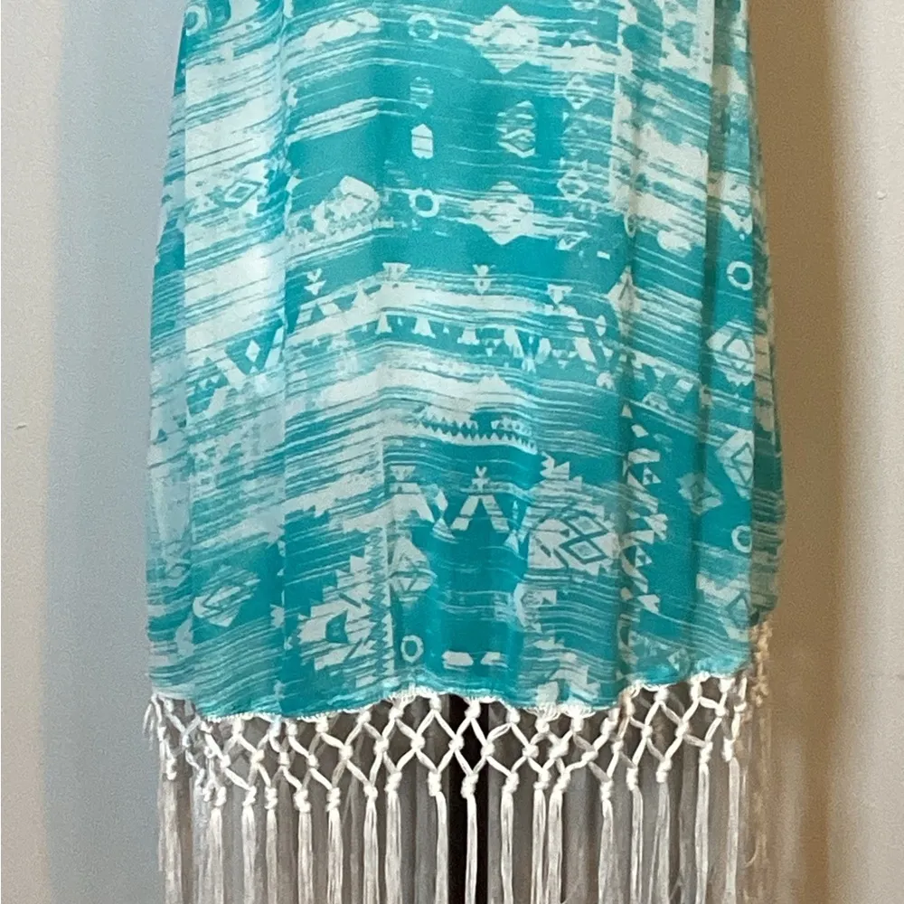 FRANCESCA SWIMSUIT BEACH COVERUP TURQUOISE & WHITE w/CROCHETED WHITE FRINGE Size S/M - Image 4