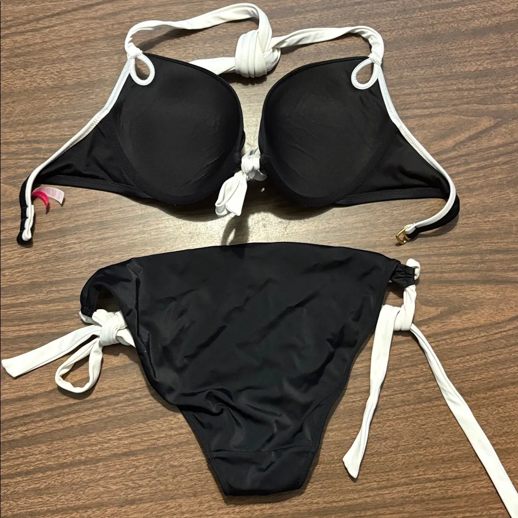 Victoria’s Secret 34D Bombshell Push Up Large Black White Tie Bikini - Image 3