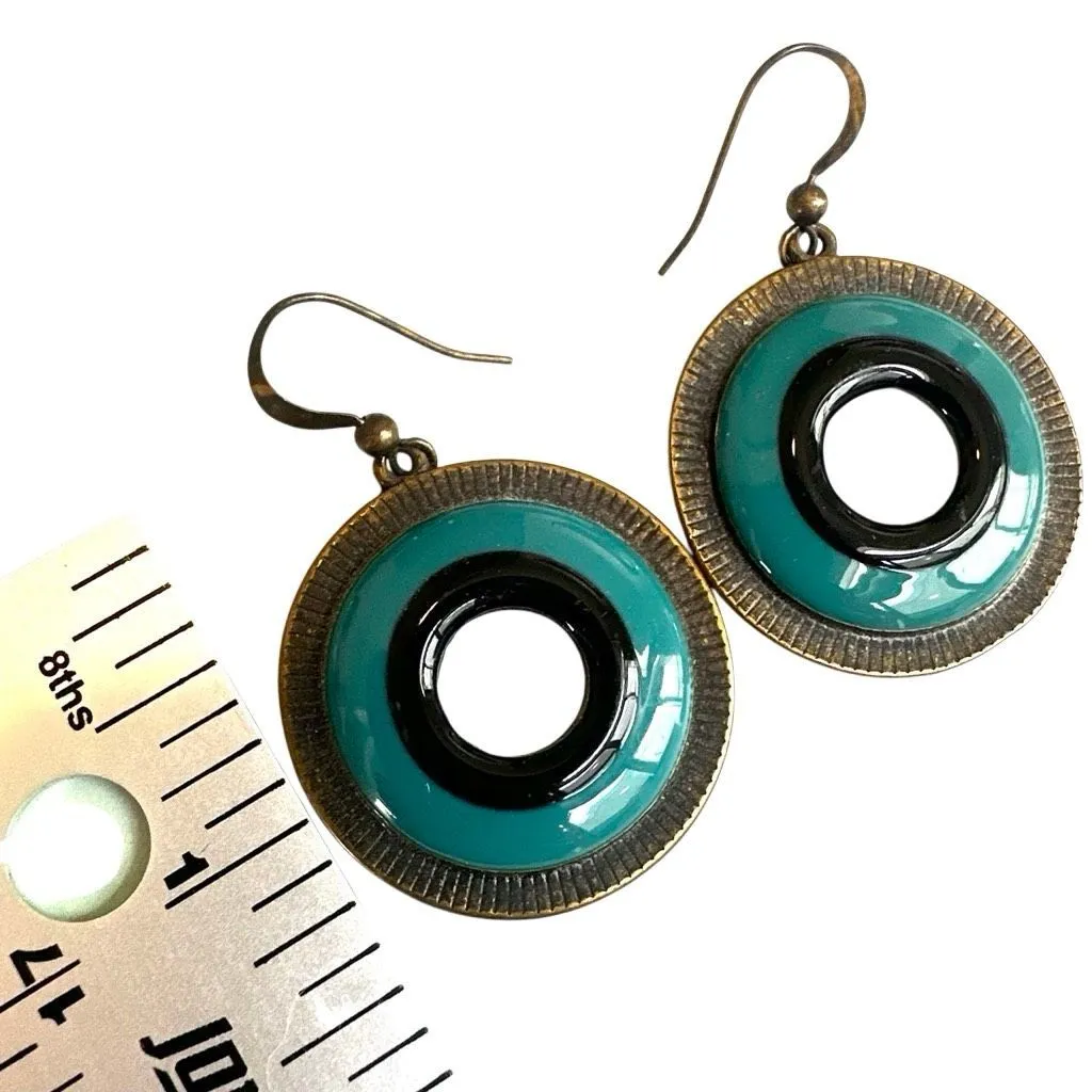 Brass & Enamel Circle Dangle Earrings Green - Image 5