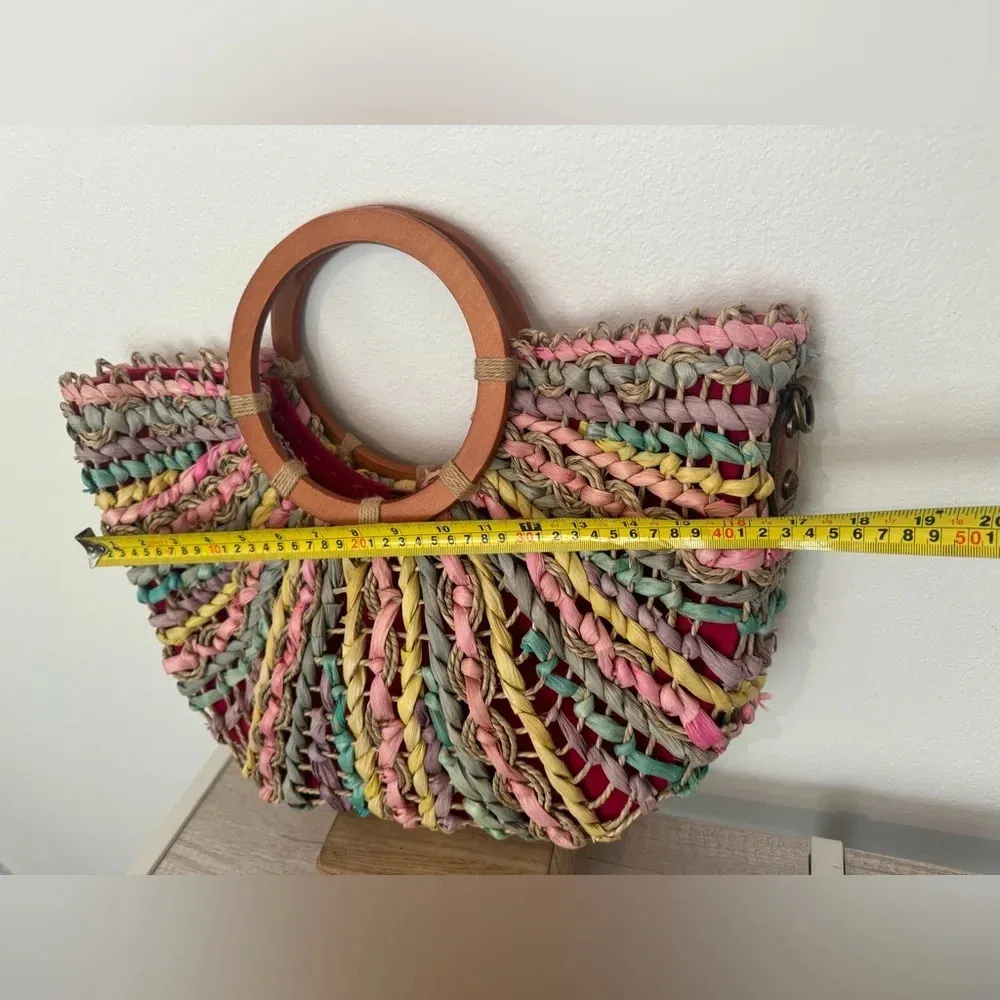 PATRICIA NASH Lesa Multicolor Pastel Straw Bag Wood Ring Handle Boho NO STRAP - Image 10
