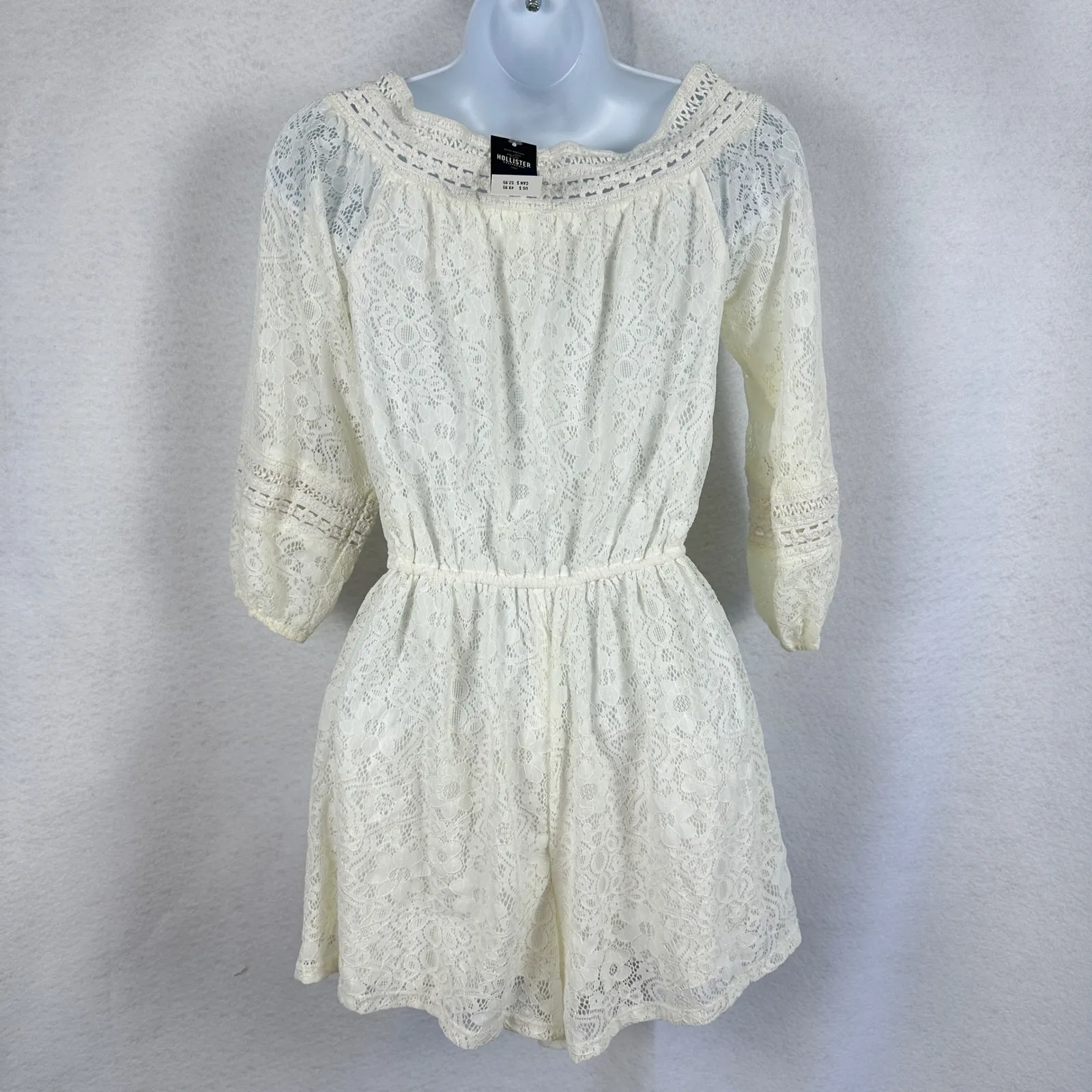 New Hollister Ivory Lace Romper Women's Small Off‎ Shoulder Bohemian Tassel Boho - Image 5