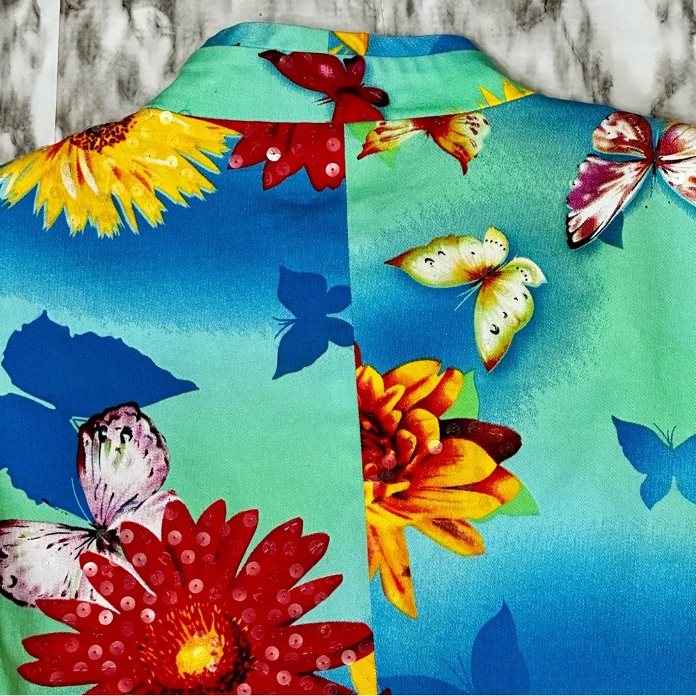 Bold Vibrant Floral Zip Blazer Jacket Redd Jeans Sz 12 Sequin Sparkle Bloomcore Blue - Image 7