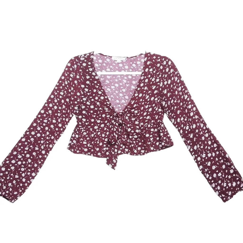 PacSun L.A. Hearts Floral Tie Front Long Sleeve Crop Blouse Burgundy White Med - Image 5