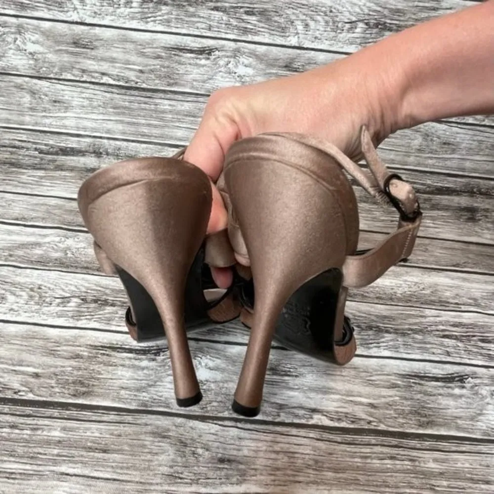 Nina Cutout Bead Stiletto Sandals Crepe Fabric Leather Sole 6.5 Black Rust Brown - Image 8