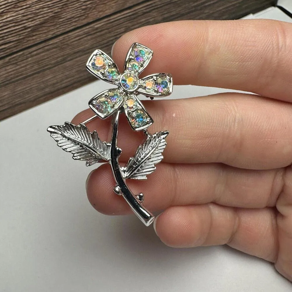 Sarah Coventry Aurora Borealis Rhinestone Flower Brooch Pin Silver Tone AB - Image 6