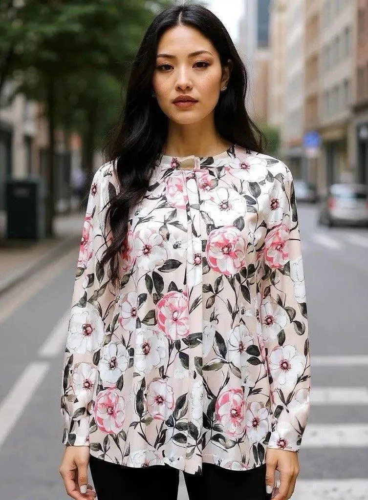 Karl Lagerfeld Blouse Size XL Tunic Floral Bow Tied Pleated Knit Secretary - Image 1