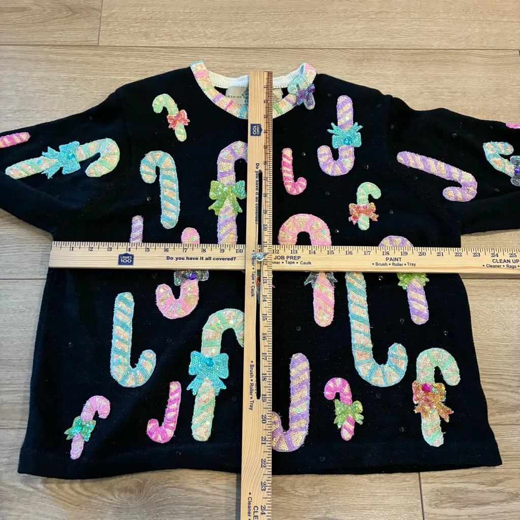 Design Options Philip Jane Gordon Christmas Candy Cane Sequin Cardigan Size XL Black - Image 7
