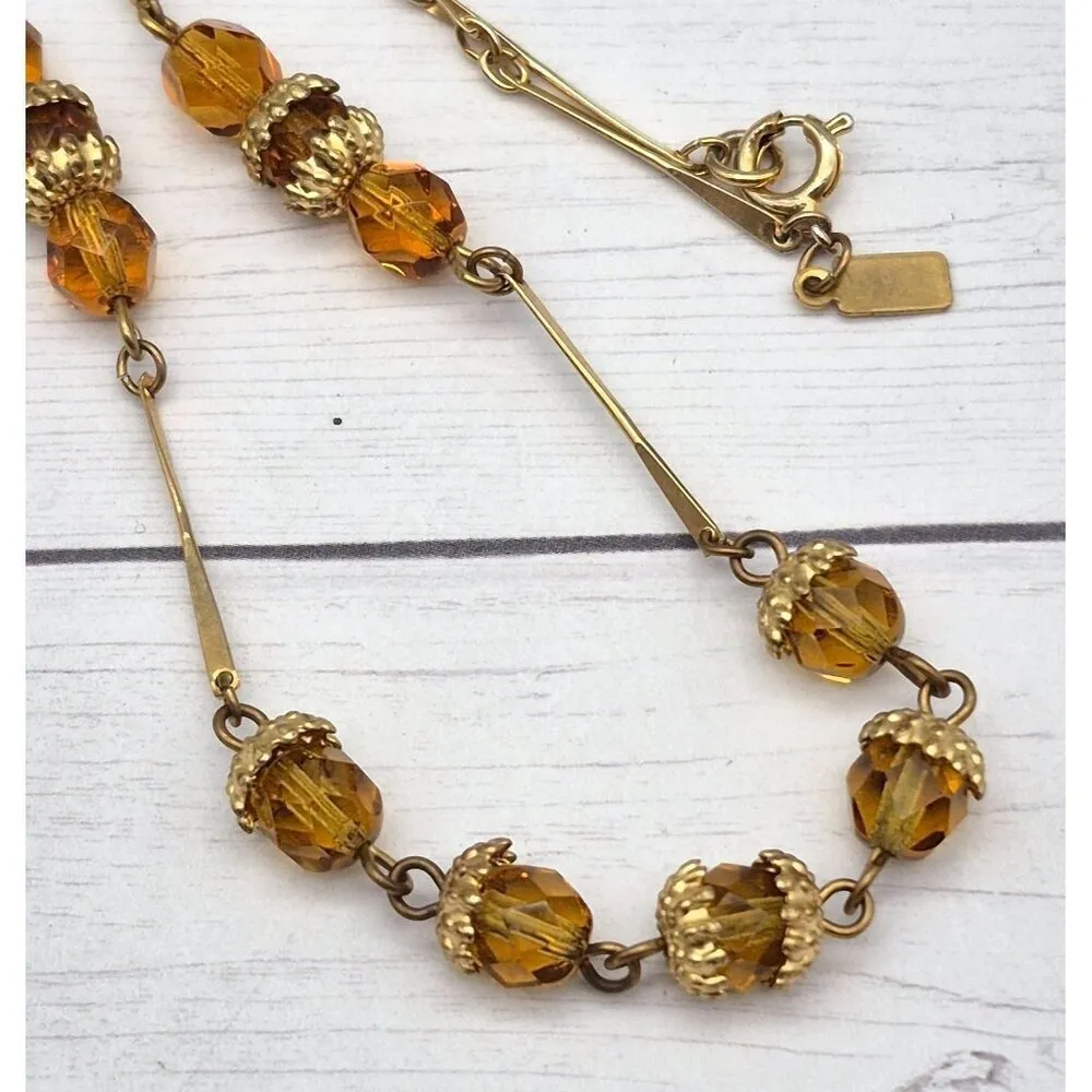 Vintage ACT II Gold Tone & Amber Color Bead Bar Link Collar Necklace 22" Dainty - Image 7