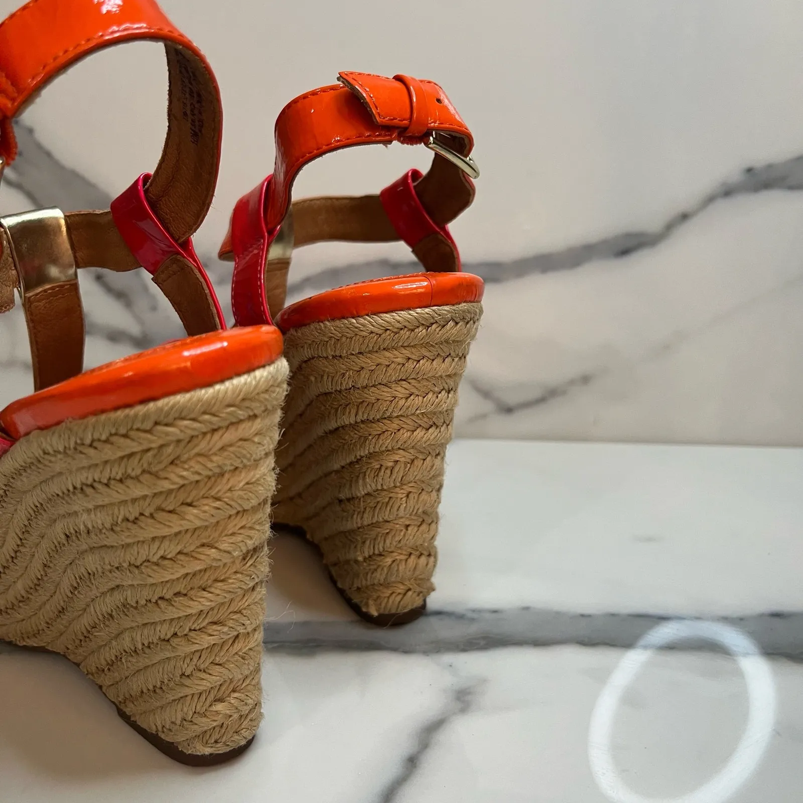 Sofft Wmns Orange Patent Leather Open Toe Strappy Jute Wedge Pedra Sandal Sz 10 Pink - Image 6