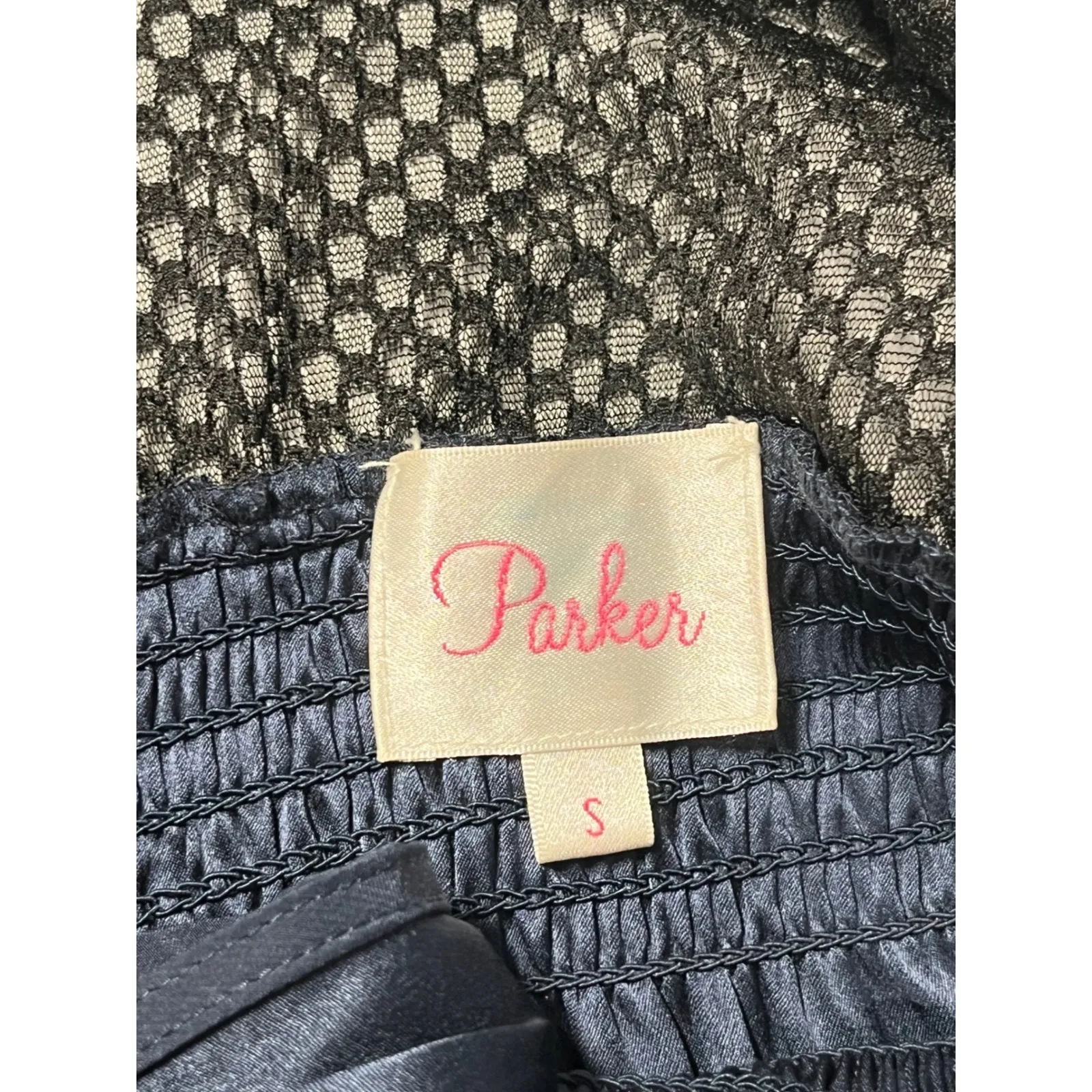 Parker Navy Blue Silk Blend Mesh Back Smocked Waist hi low Midi Dress Size S - Image 5