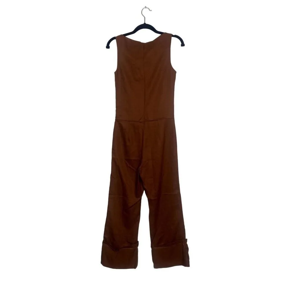 ZARA Sleeveless Jumpsuit Turned Up Hem Side Zipup Square Neck Buttons XS Brown - Image 5