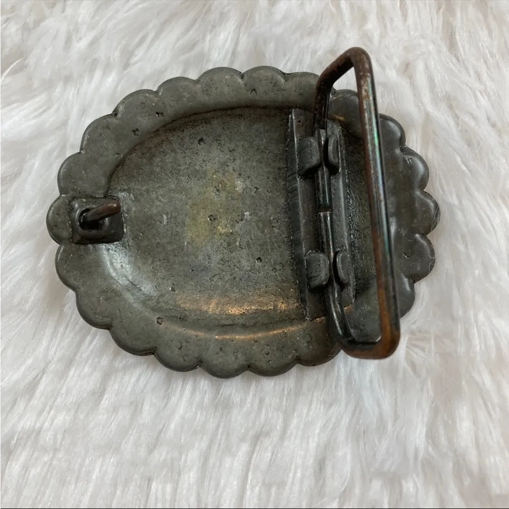 Vintage Metal and Faux Turquoise Belt Buckle Oval Scalloped Blue - Image 2
