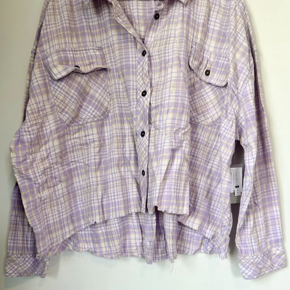 NWT BP by Nordstrom Plaid Long Sleeve Button Up Frayed Hem Cropped Shirt - Image 3
