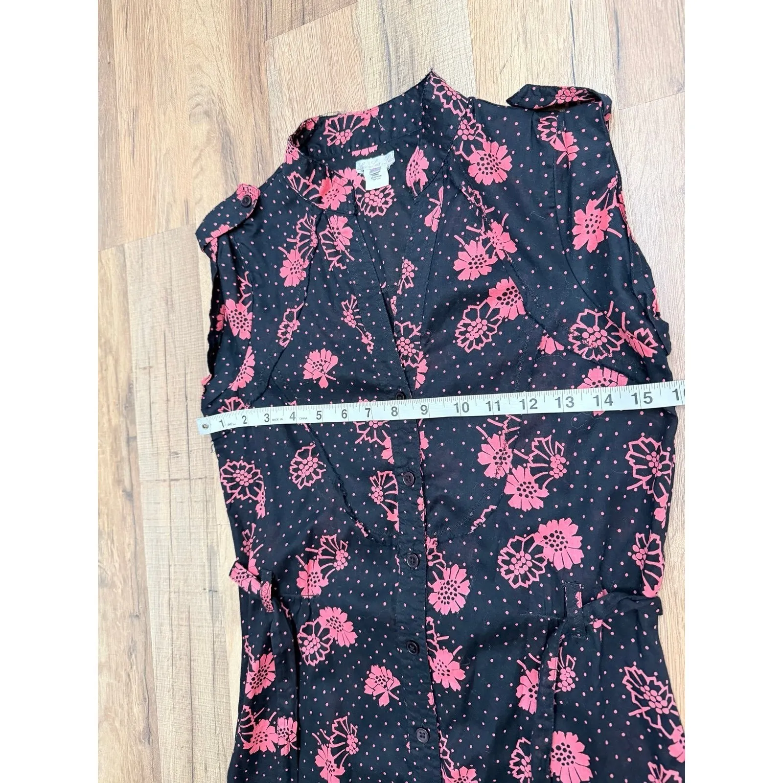 Lux Black Pink Floral Sleeveless Cotton Button Front Shirt Dress S - Image 6
