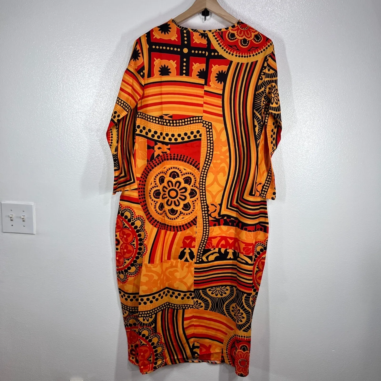 Ursimie Print Dress‎ Bohemian Casual 3/4 Sleeve Tunic Dress Orange Red Medium - Image 3