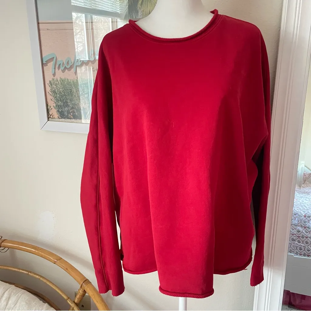 Frank & Eileen Tee Lab Distressed Raw Hem Crewneck Capelet Sweatshirt in Red - Image 2