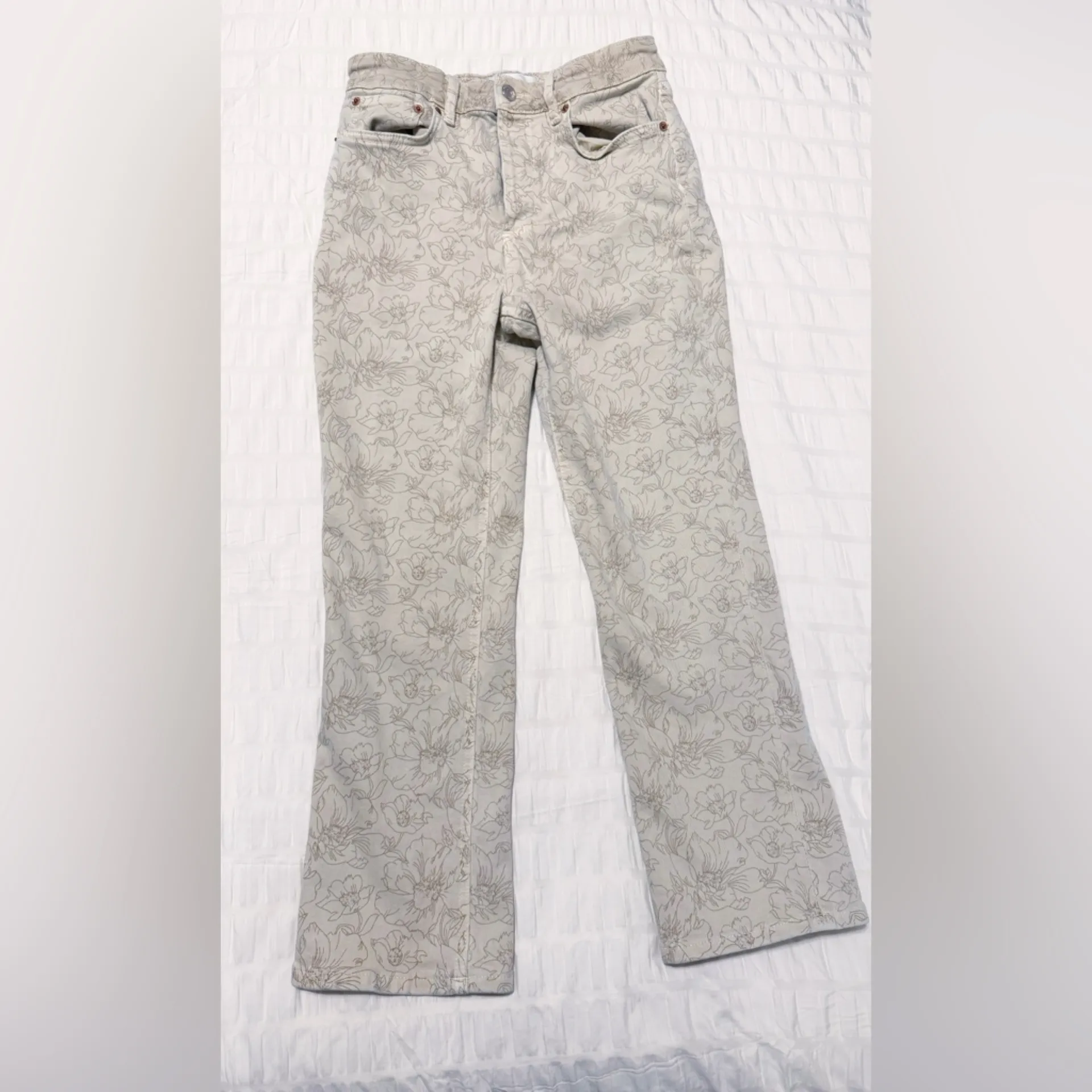 Zara The Dreed Flare Signature Crop Floral Jeans Pants Beige Tan Size 6 Ankle - Image 3