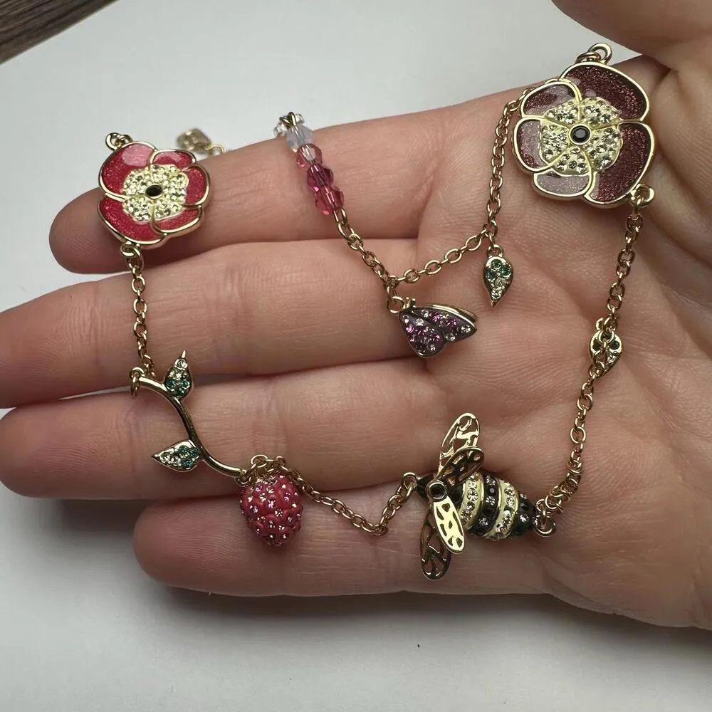 Swarovski Crystal Noisette Snail, Bee, Flower Bead & Enamel Necklace Gold Tone - Image 5