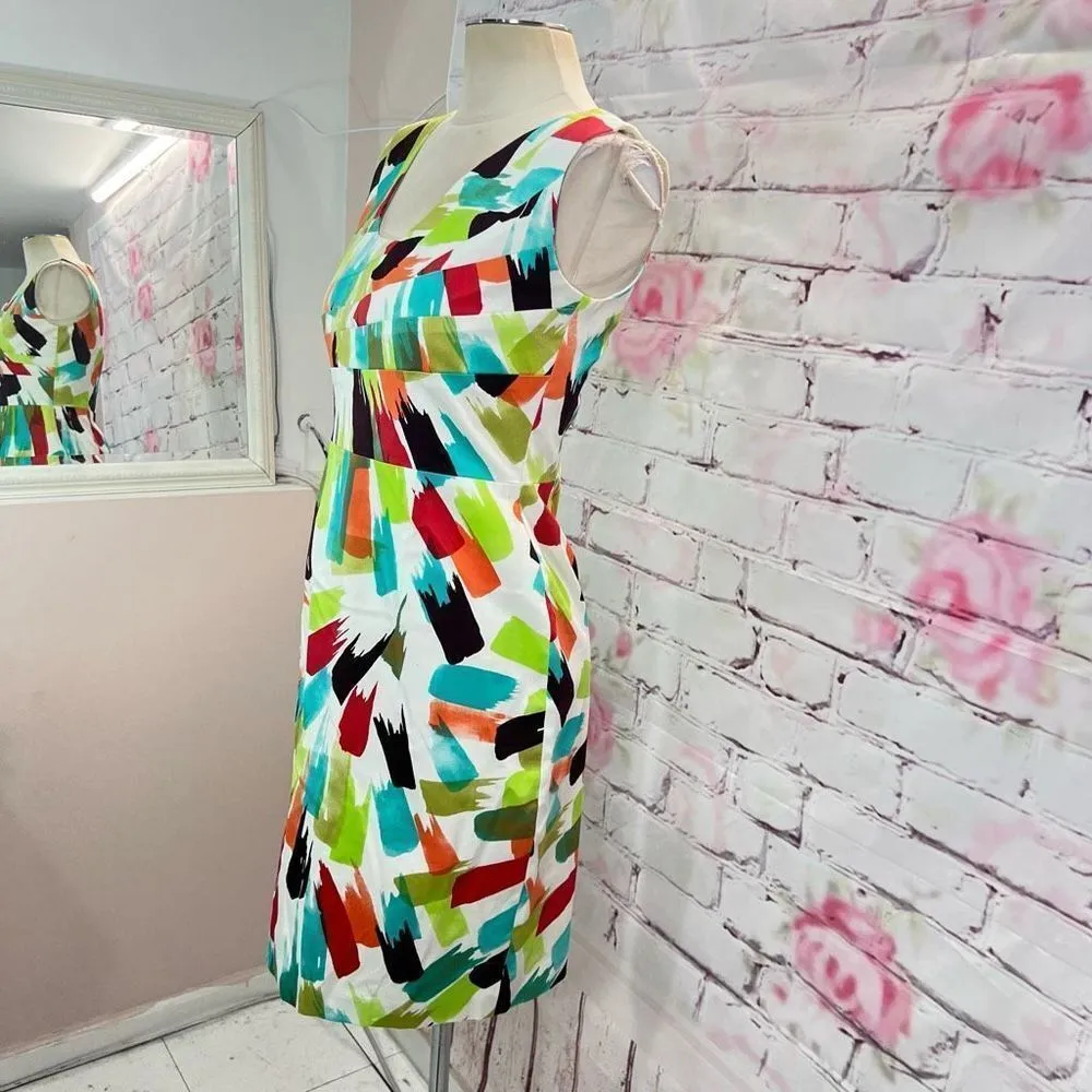 David Meister sleeveless white multicolored brushstroke cotton sheath dress size - Image 3