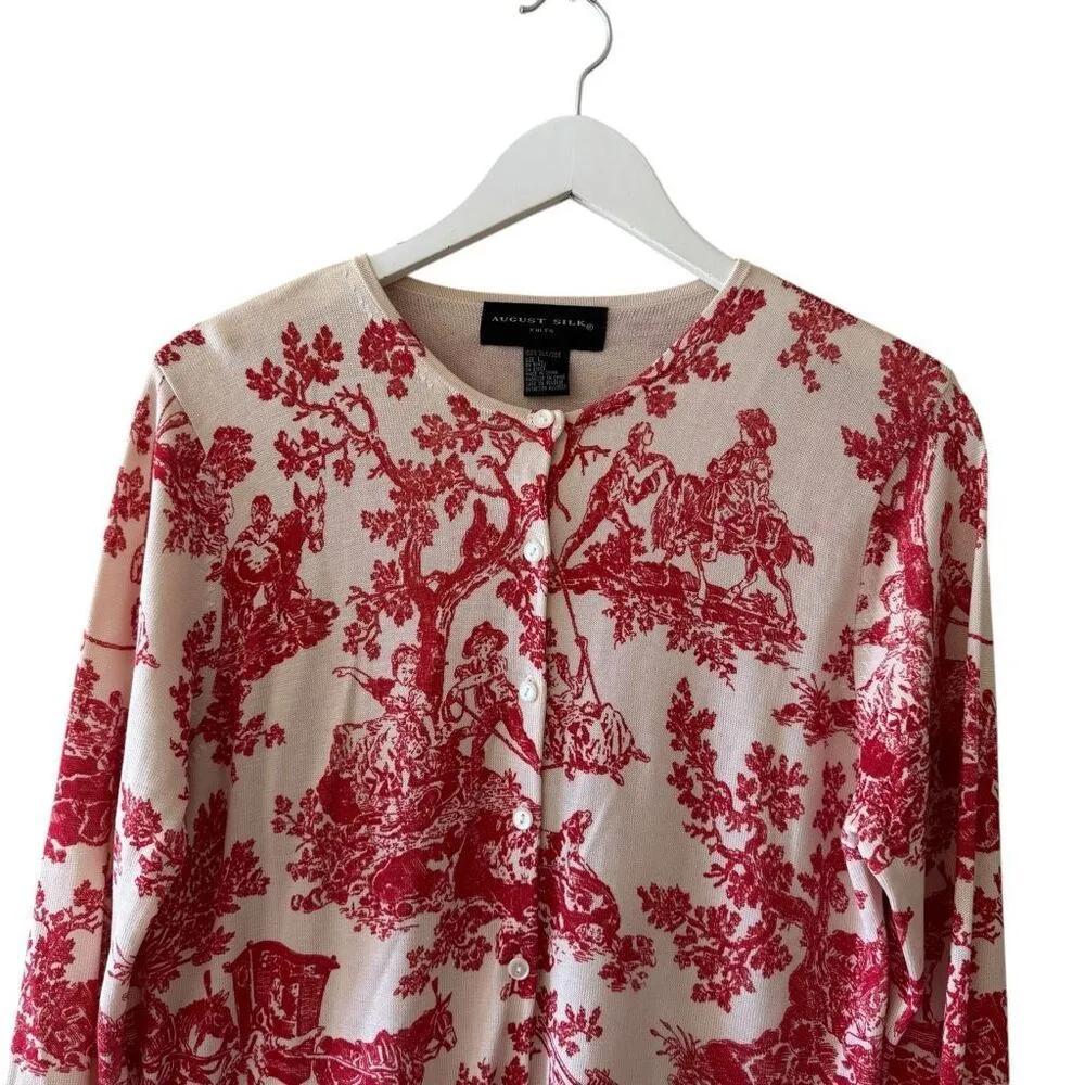 August Silk Knit Button Down Lightweight Red Cream Casual Luxury Cardigan  SZ L - Image 2
