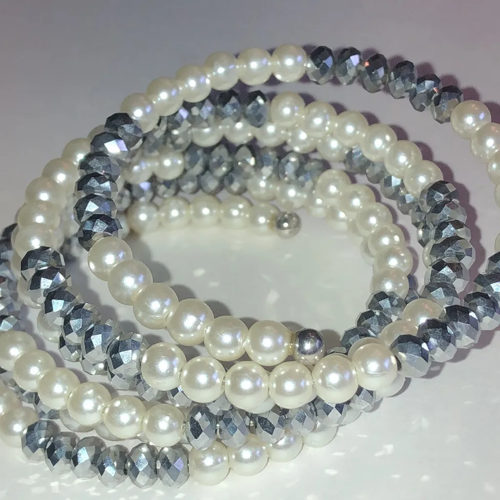 Elegant Faux Pearl and Dark Gray Black Beaded Boho Wrap Bracelet White - Image 4