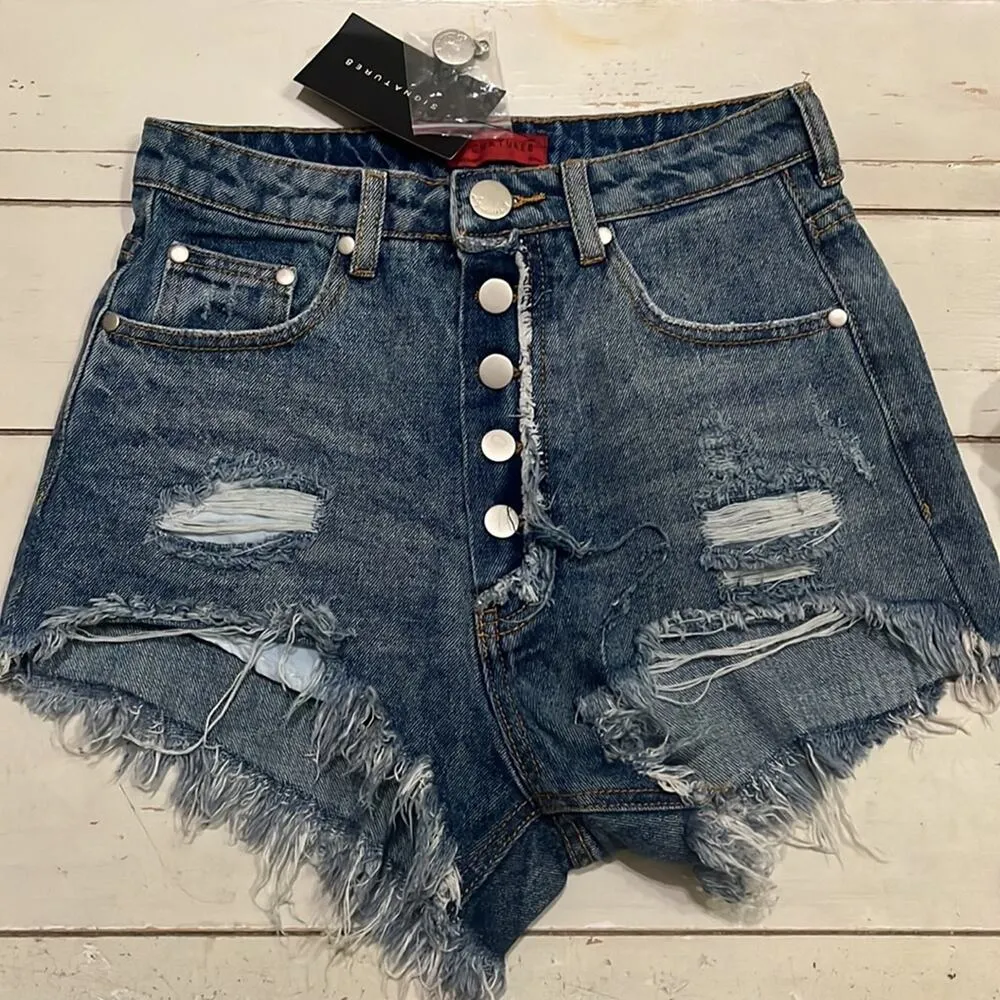 Signature 8 Denim Shorts Distressed Frayed Tattered Button Fly 3" Inseam Small Blue - Image 3