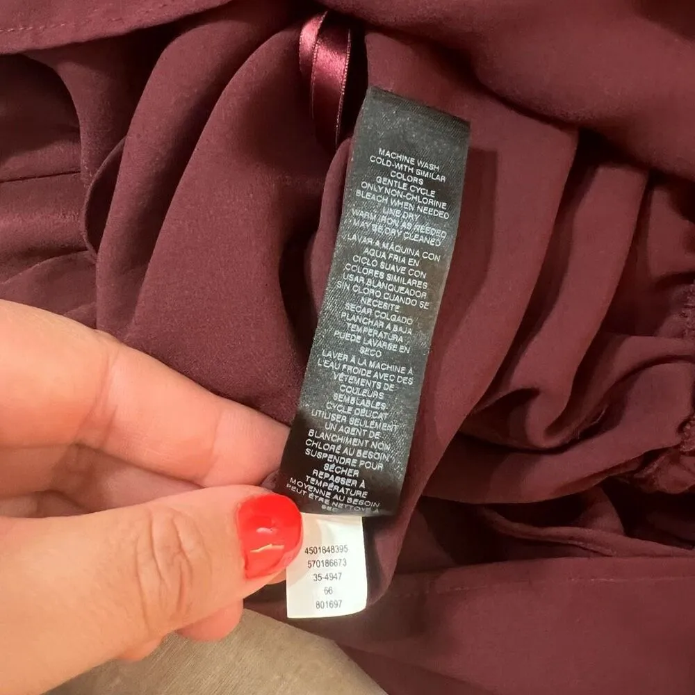 White House Black Market Burgundy Tie Neck Lace Long Sleeve Blouson Dress Sz XS - Image 9