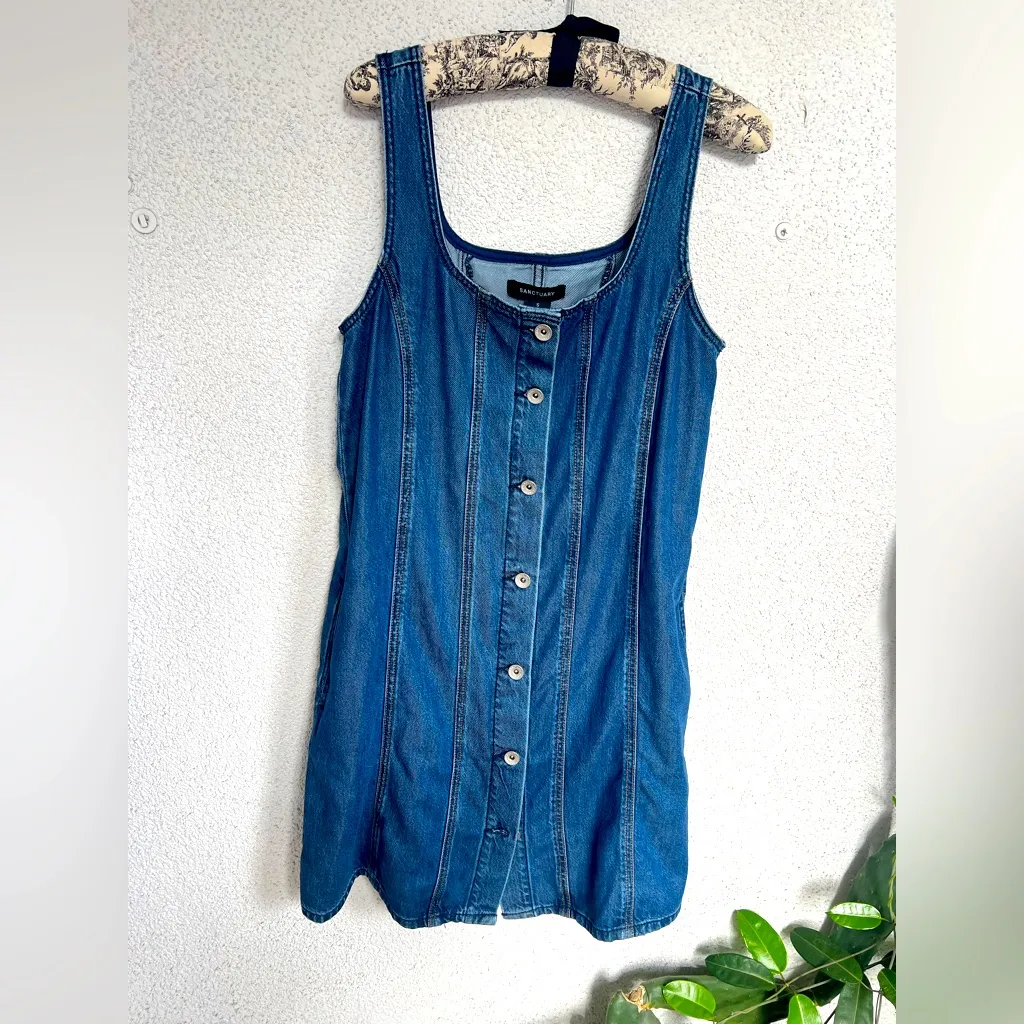 NWT Sanctuary Denim Shift Dress Blossom small button down front with piping back Blue - Image 4
