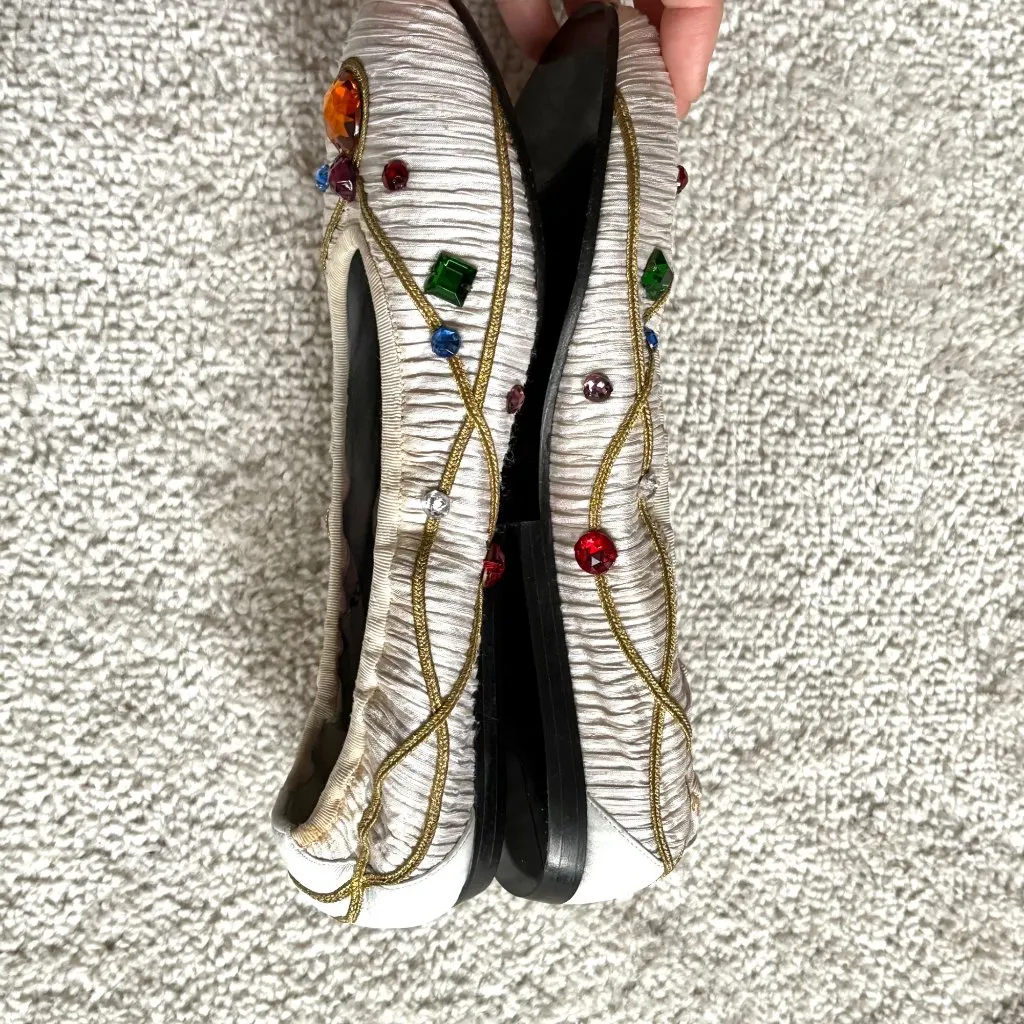 Rare Vintage Susan Bennis Warren Edwards Jeweled Ruched Satin Flats sz 6.5 White - Image 4