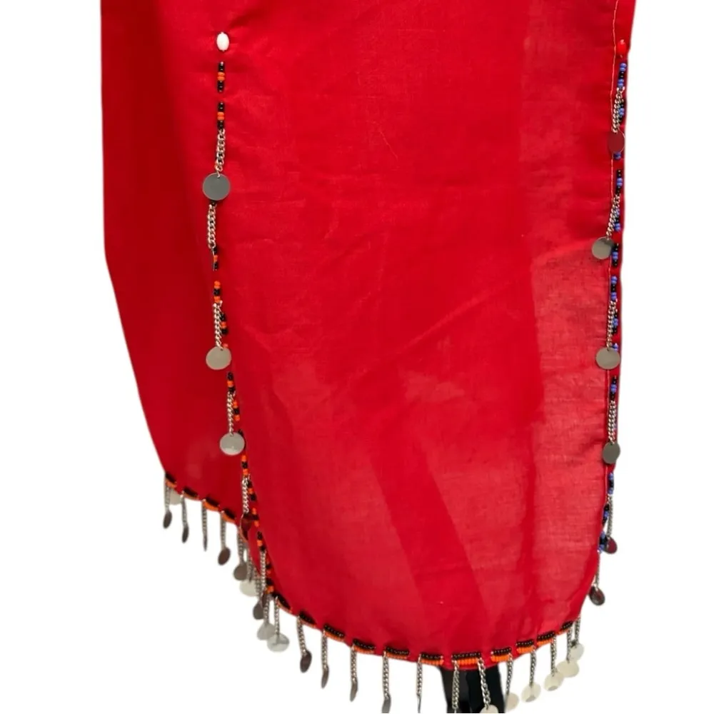 Handmade Red Beaded Coin Trim Wrap Skirt Cape OS Costume Boho Festival Sarong Size undefined - Image 5