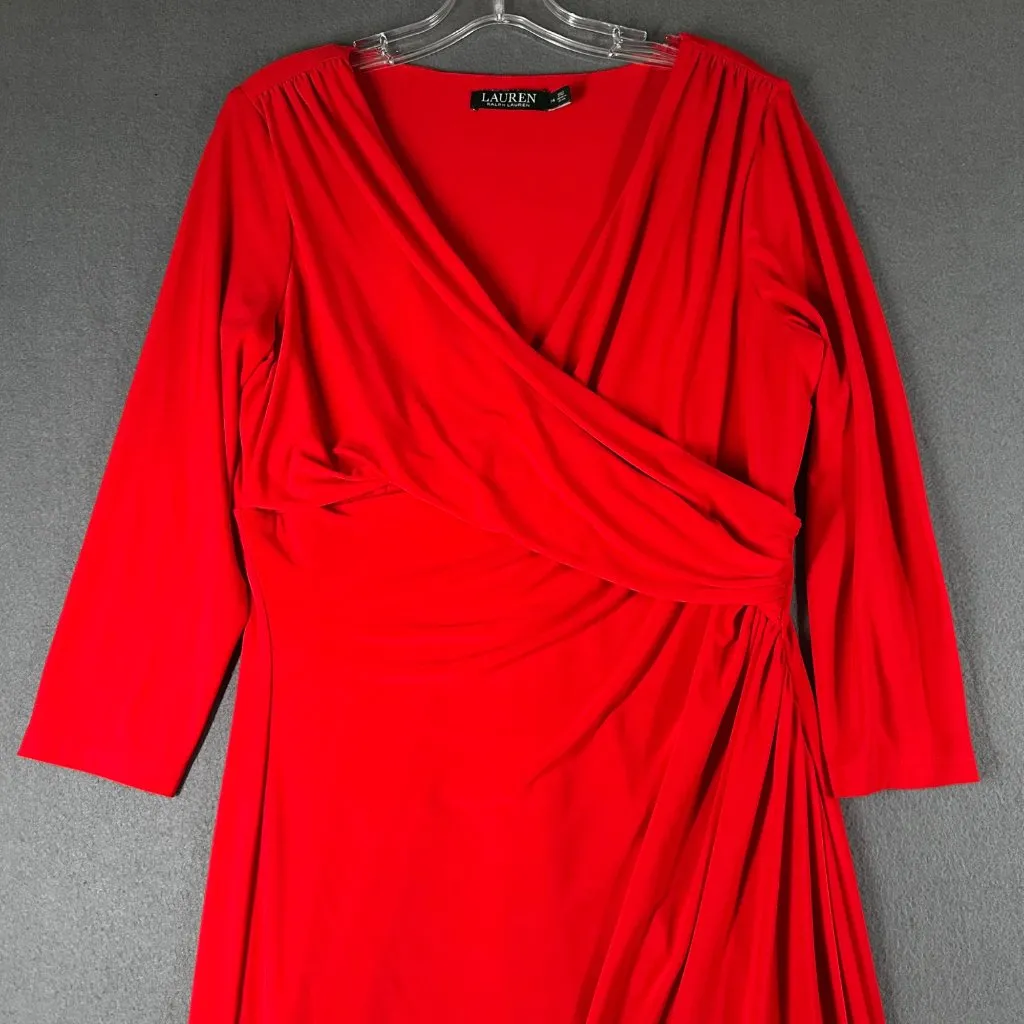 Lauren Ralph Lauren‎ Womens 14 Red Faux Wrap Crossover V-Neck Below Knee Dress - Image 3