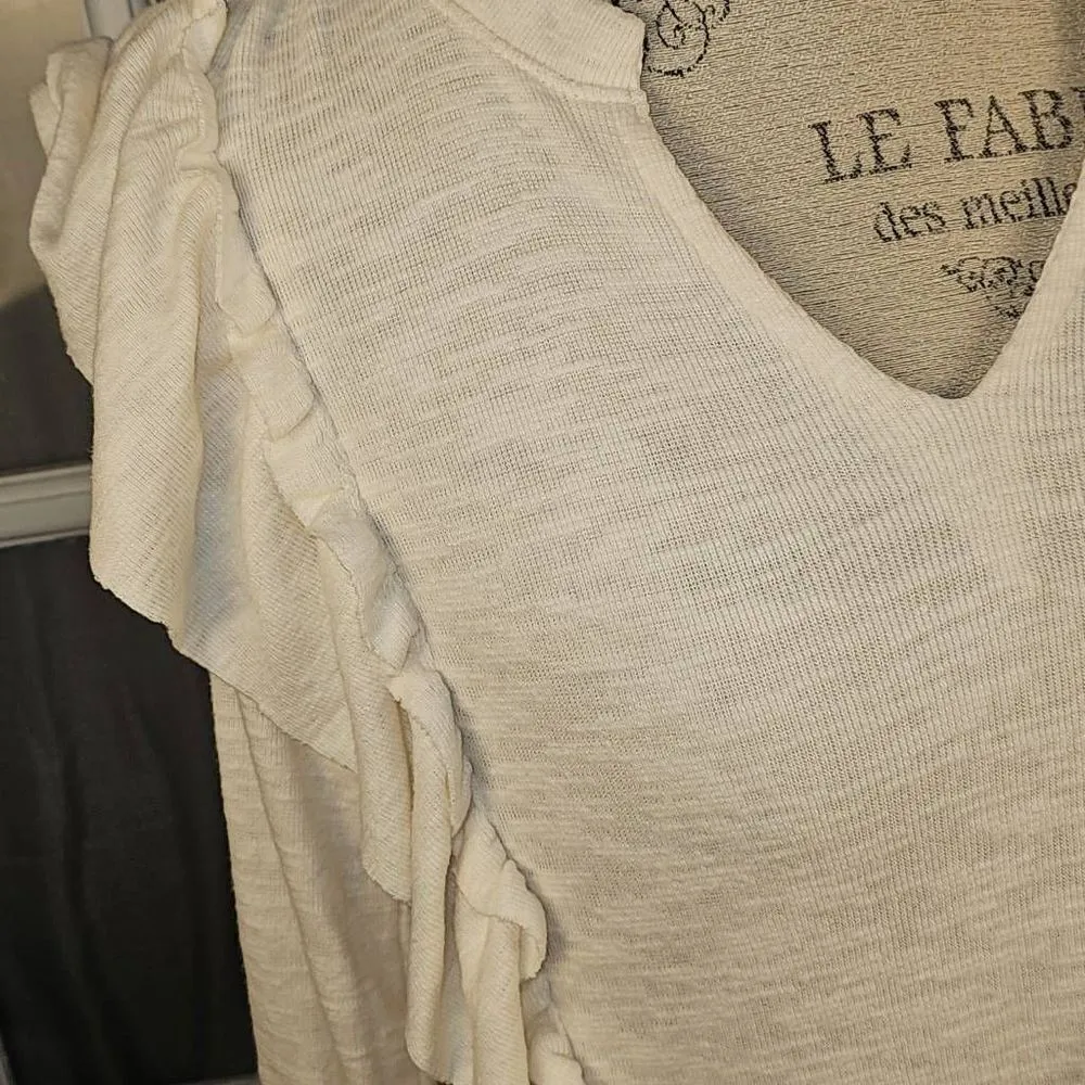 Pilcro Anthropologie Womens Cream Cozy Popover‎ Ruffle V Neck Sweater Top XS - Image 2
