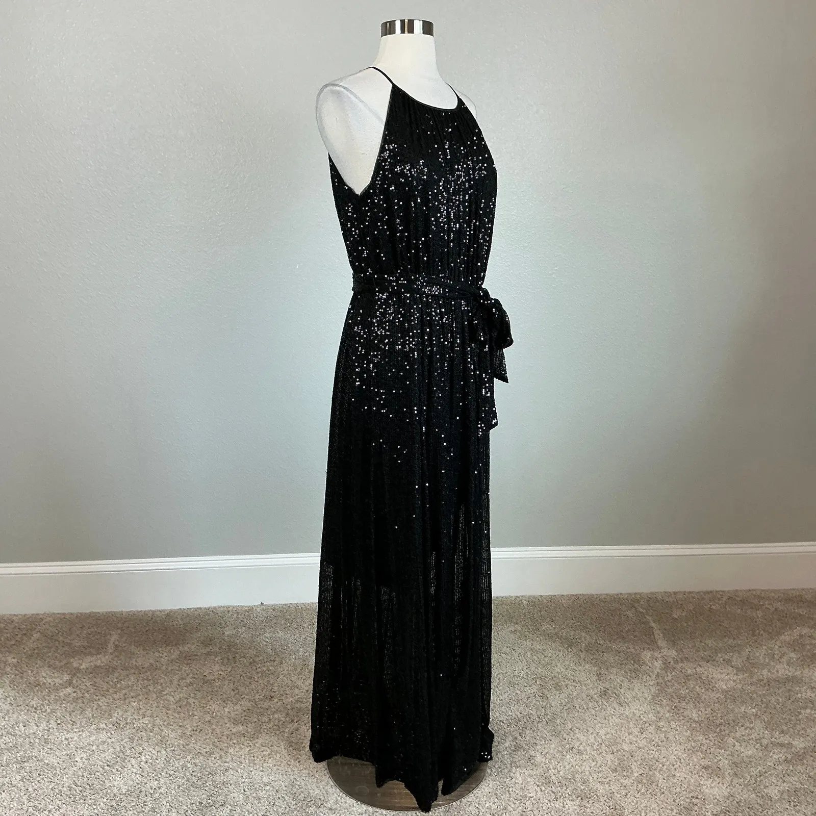 DKNY Sequin Sleeveless Halter Maxi Dress Size 8 Sparkly Black Long Formal Dress - Image 2