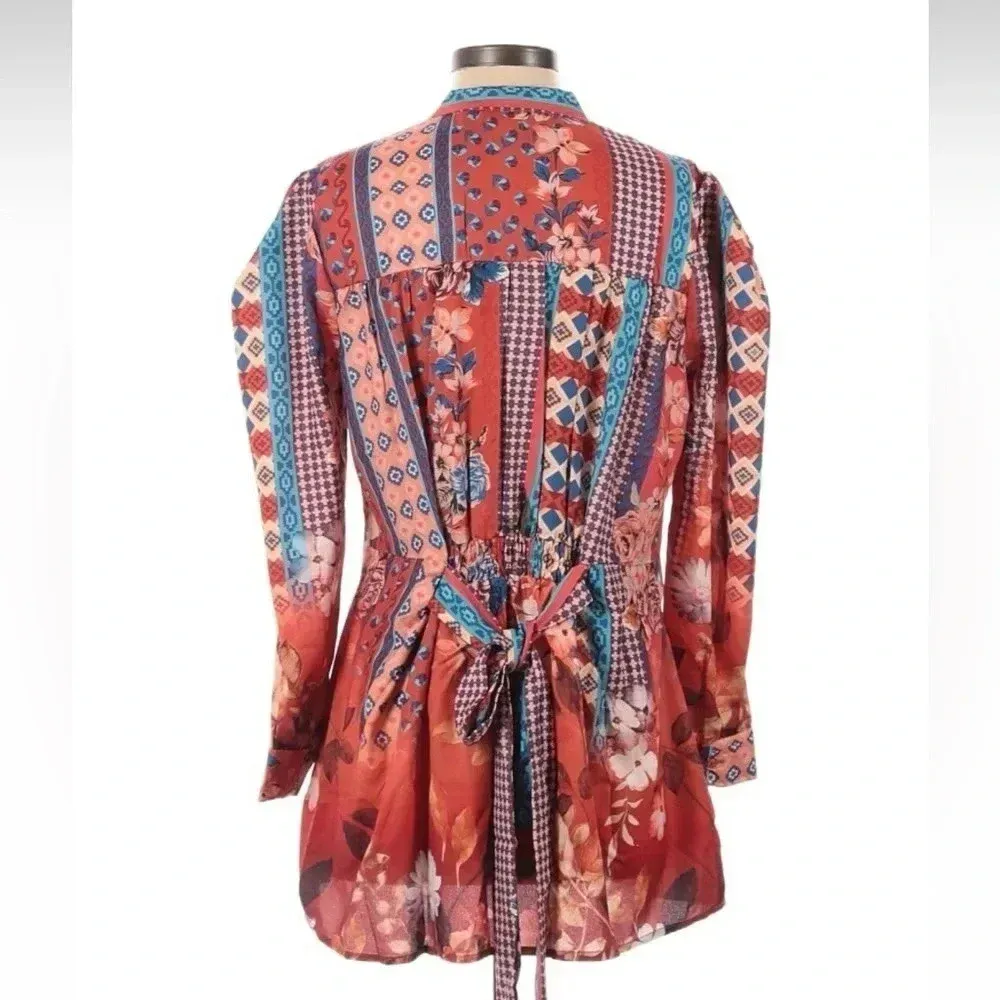 Tolani Collection Long-Sleeve Tunic Blouse with Tie Rust Bohemian Floral Size XS - Image 4