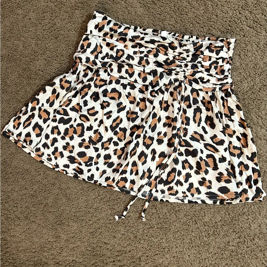 Aerie Leopard Print Mini Skirt Silky Feel Smocked Waist Tie Front Women’s Size S - Image 3