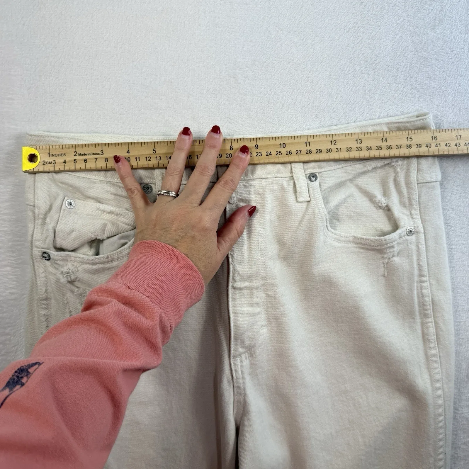 AMO Sz 32 Jeans Bella Released Hem White Oak Straight Leg Denim Boho Grunge - Image 12