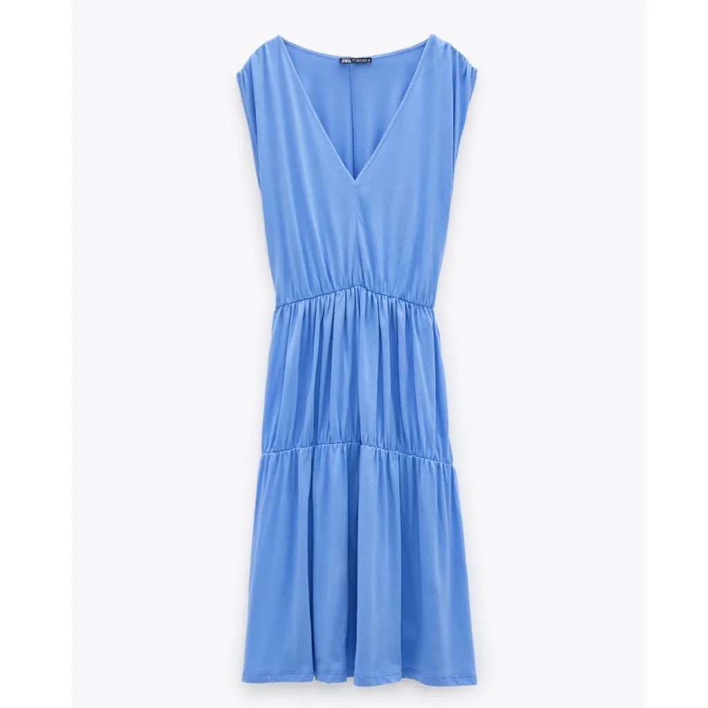 NWT ZARA Gathered Short Tired Midi Dress Bohemian Blue Small - Image 2